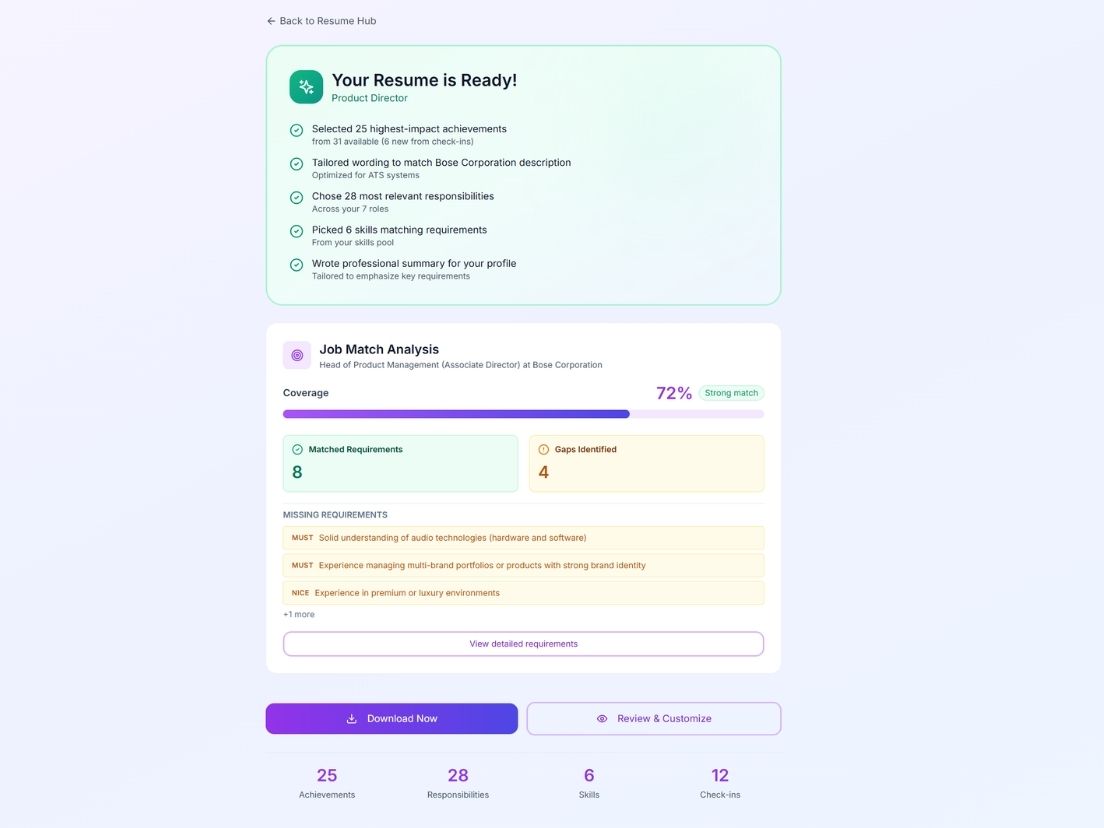 Resume generation with AI review, job match analysis, and edit/export options