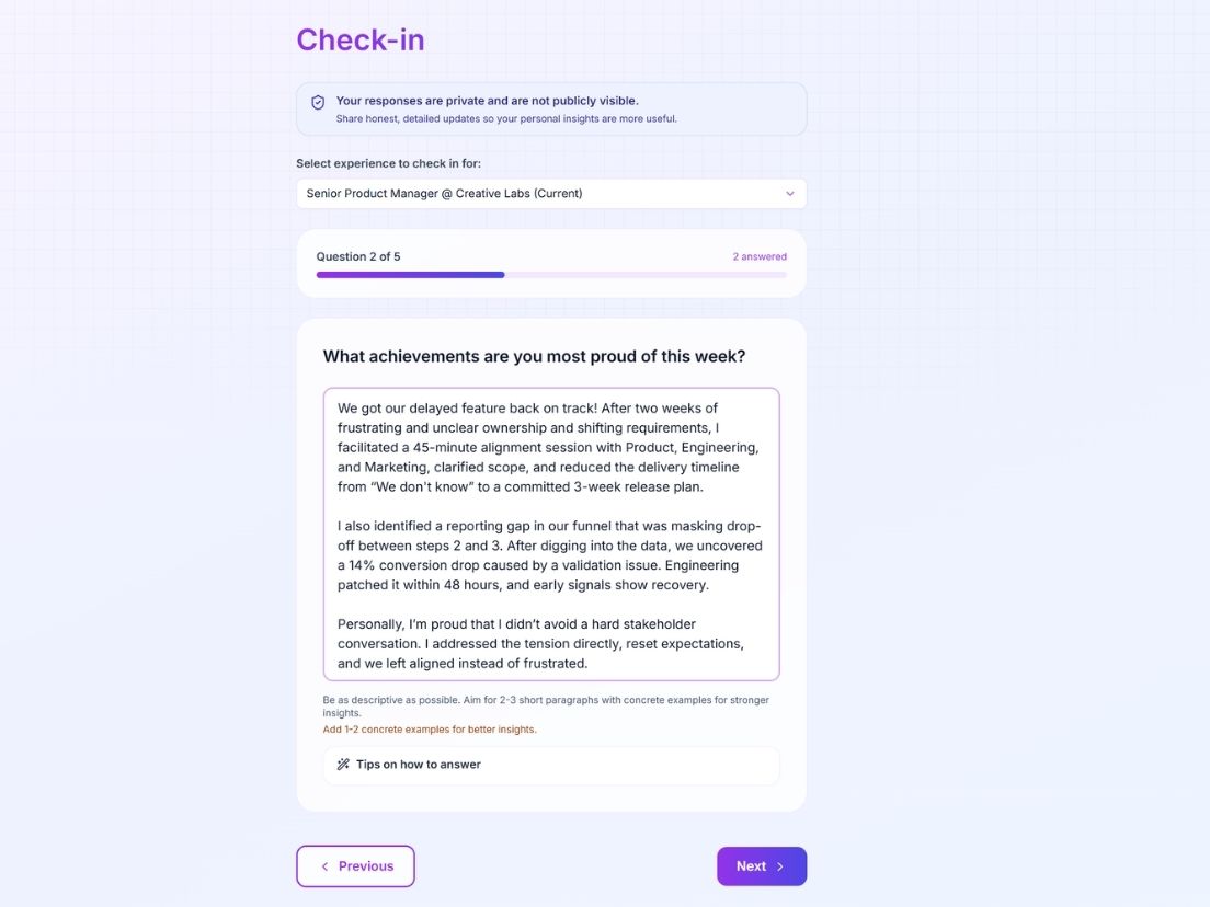 Weekly check-in form showing a prompt about achievements and a sample response